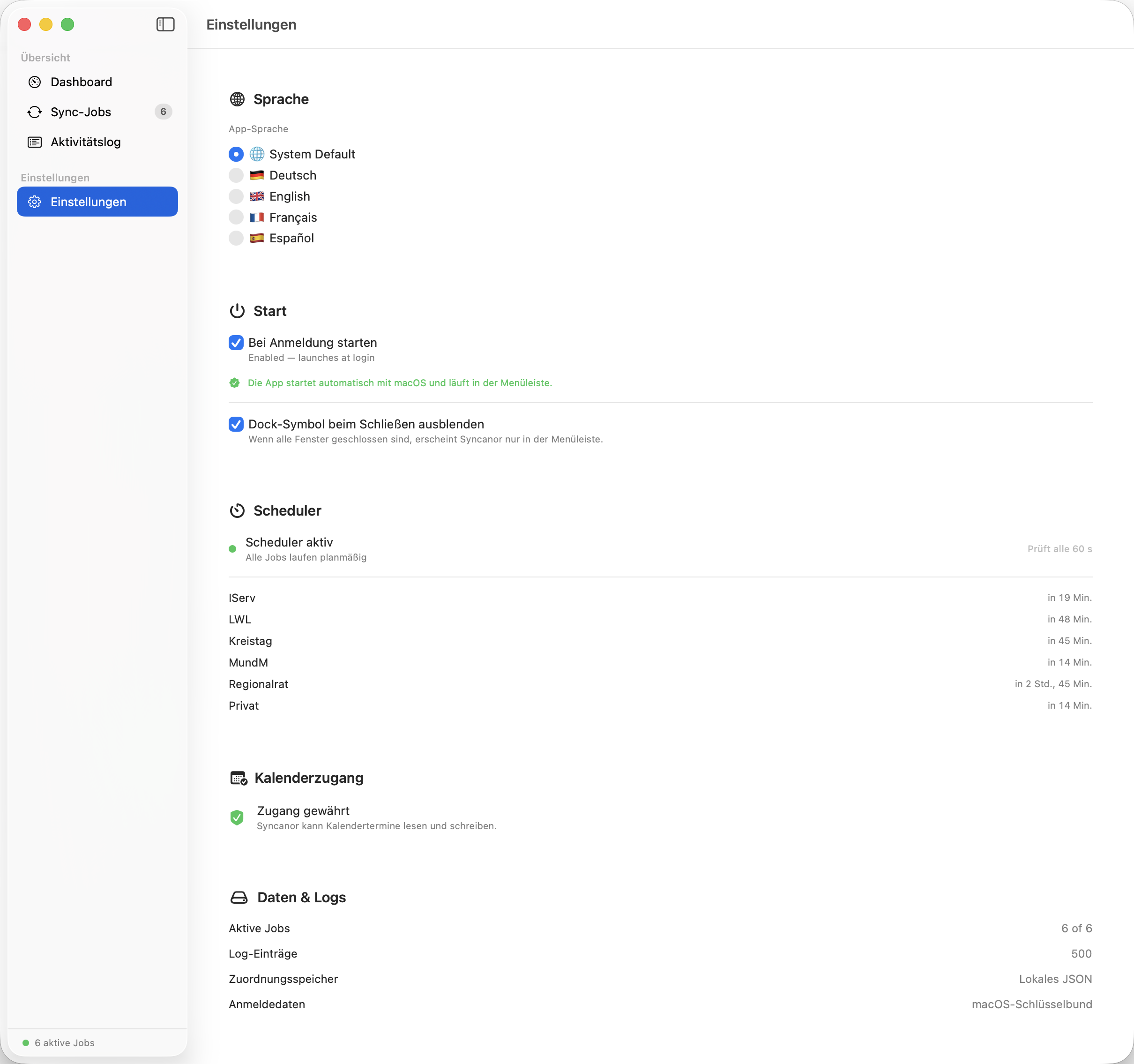 Einstellungen von Syncanor