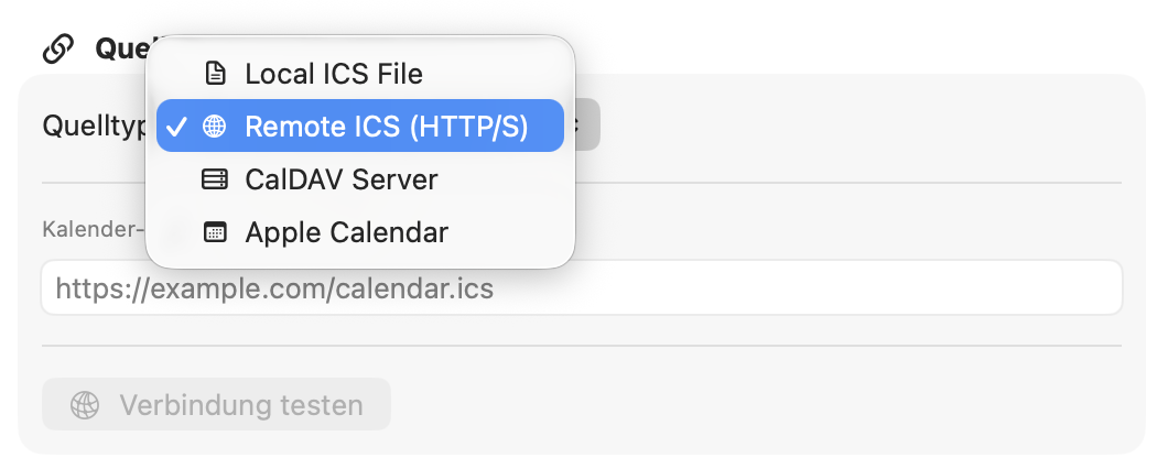 Auswahl der Quelltypen in Syncanor