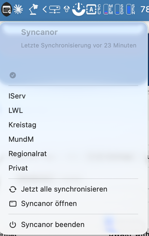 Syncanor Menüleistenansicht
